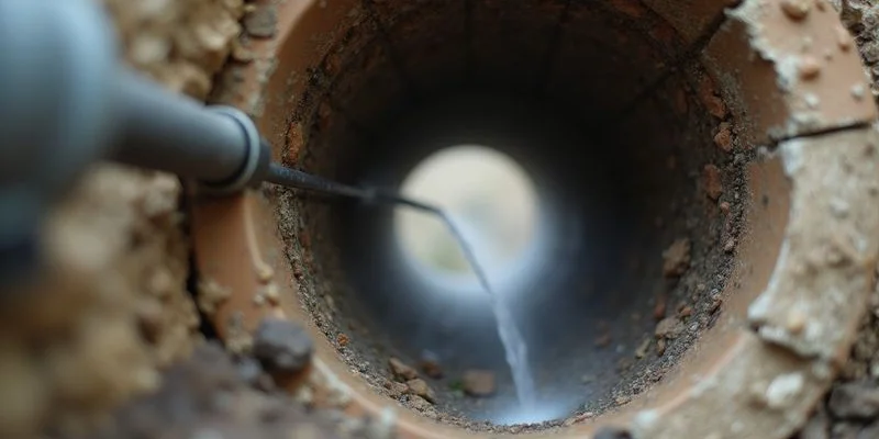 High-pressure hydro jetting nozzle cleaning the inside of a drainage pipe removing grease buildup