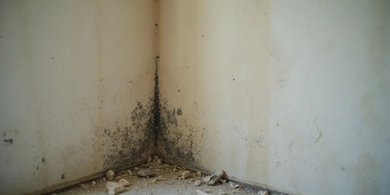 Mould growth on wall caused by a hidden water leak behind the plaster