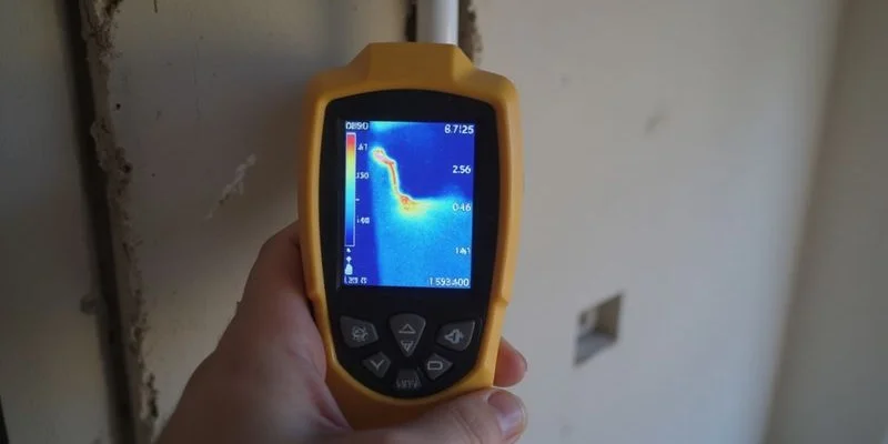 Thermal imaging camera revealing a hidden hot water pipe leak behind a bathroom wall