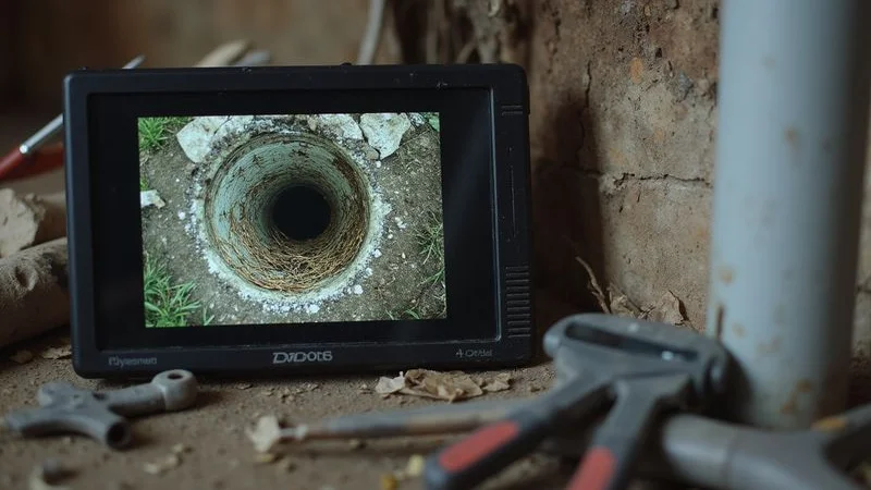 CCTV screen showing tree root intrusion inside sewer pipe beneath Bryanston property