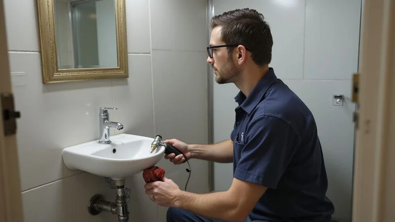 Commercial plumber maintaining washroom plumbing facilities at a busy Fourways retail shopping centre in North Johannesburg