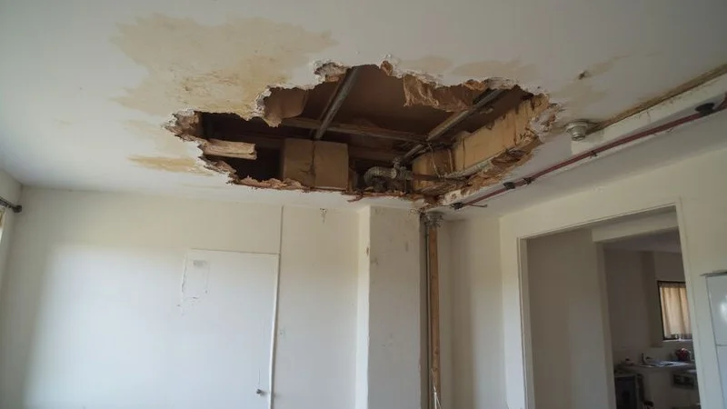 Damaged ceiling caused by a burst geyser in a Sandton home requiring emergency plumbing repair