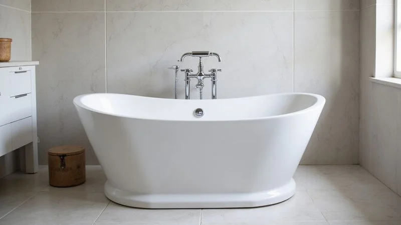 Modern freestanding bath with floor mounted chrome tap installed in a luxury Sandton bathroom with marble tiles