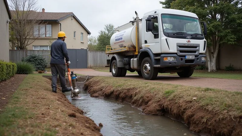 High pressure hydro jetting clearing blocked sewer line outside commercial property in Sandton