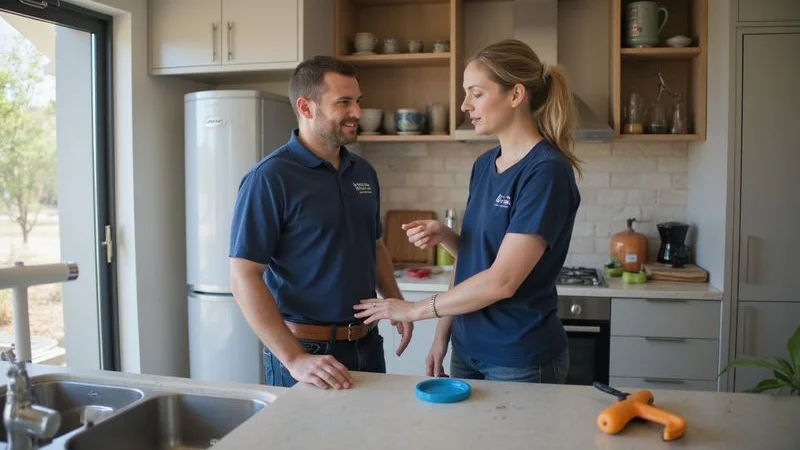 Plumber explaining geyser options to homeowner in Fourways kitchen with brochures and samples