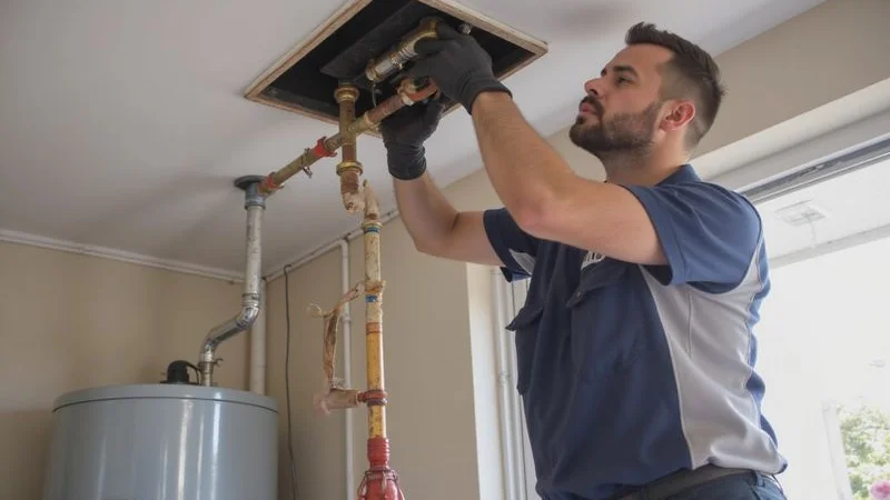 Plumber installing a drip tray and vacuum breaker to bring a geyser into PIRB compliance in a Sandton home ceiling