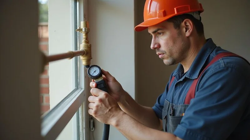 Plumber pressure testing newly installed copper pipe system in Bryanston home after repiping project